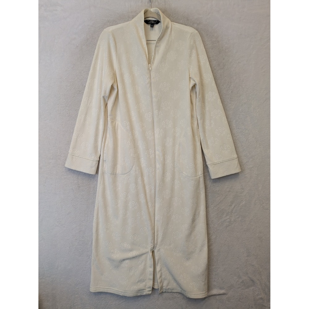 Noire Jasmine Rose Robe Women's Small Cream Embossed Damask Zip Front Plush Maxi